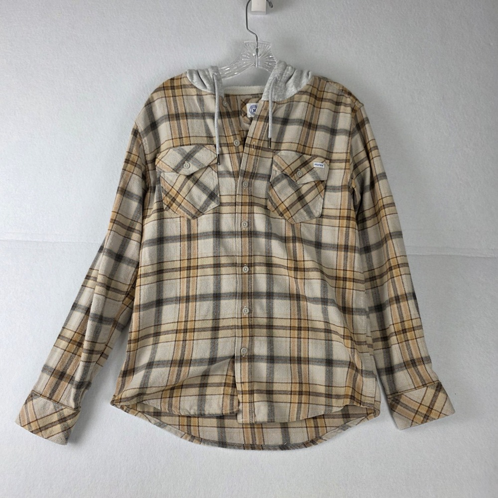 Hurley Hooded Plaid Flannel Shacket Shirt Jacket Women's Small Beige Brown